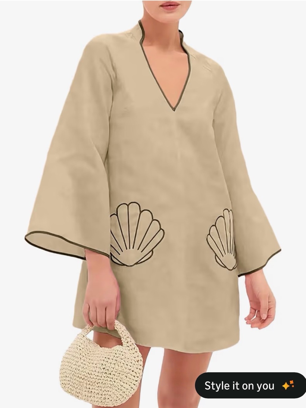 Beige Shell-Accent V-Neck Tunic Dress